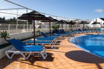 Sunbeds for sunbathing, swimming in the pool, holidays and holidays in warm