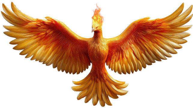 Phoenix Rising: A majestic phoenix, ablaze with fiery plumage, spreads its wings in a symbol of rebirth and transformation.