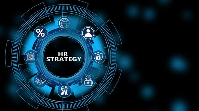 Corporate leadership dashboard featuring HR Strategy interface with secure workforce monitoring and advanced digital management technology 4K animation video