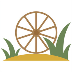 Wooden pioneer wagon wheel with sand and grass vector illustration on white background