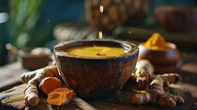 Pouring a vibrant golden turmeric drink into a rustic wooden bowl, surrounded by fresh roots and powder, highlighting natural health and traditional wellness practices