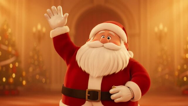 Charming animated santa claus waving hello with christmas trees and warm festive lighting in the background