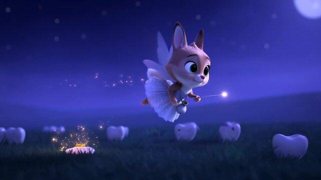 Charming animated tooth fairy bunny delivers magical gold coin night scene cute childlike whimsical background perfect for childrens content