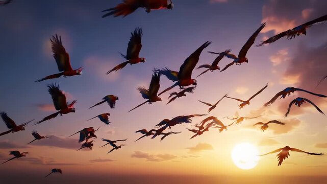 A flock of colorful macaws and other birds soaring gracefully through a vibrant sunset sky over the ocean horizon symbolizing freedom and natures beauty.