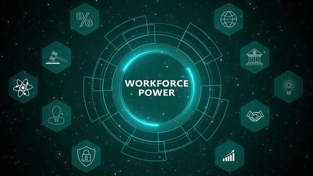 Enterprise workforce dashboard powered by Workforce Power analytics interface with secure productivity monitoring and advanced digital management strategy 4K animation video