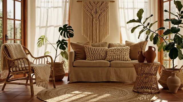 Bohemian living room with natural light, rattan furniture, and macrame wall hanging
