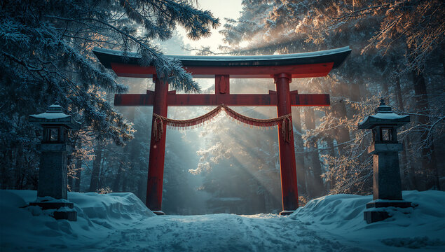 霧に包まれた参道で朱の鳥居が映画的に浮かび上がる