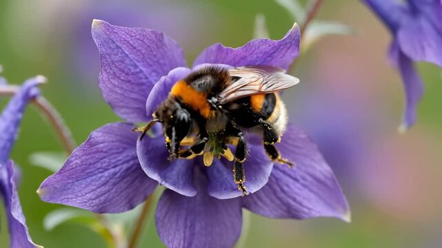 Closeup of a fuzzy bumblebee collecting nectar from a vibrant purple columbine flower in a sunny garden showcasing pollination and natures beauty.