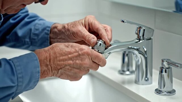 Closeup of a plumbers hands carefully repairing a modern chrome faucet in a white bathroom sink demonstrating skilled maintenance and home improvement.