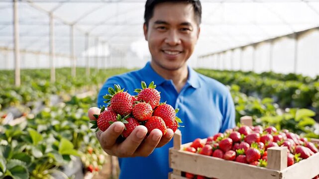 Smiling Asian farmer proudly holding a crate full of freshly harvested ripe red strawberries in a sunlit greenhouse farm.