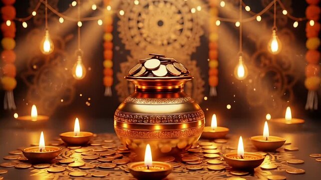 Gold prosperity festival in india with sacred kalash coins diya lamps and auspicious Akshaya Tritiya celebration for hindu culture marketing animation video