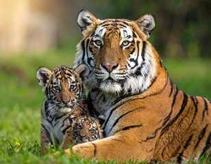 Obraz premium A majestic tiger with two adorable cubs resting on lush green grass