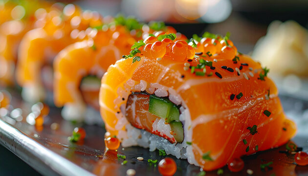 Salmon roll with roe and parsley garnish, fish and rice, tasty and appetizing sushi, Japanese Cuisine.