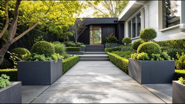 Modernist architecture featuring a contemporary home with a formal garden, a concrete pathway, manicured hedges, boxwood topiary, and lush trees with green leaves
