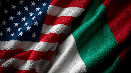Fototapeta premium Cultural exchange event featuring american and italian flags global unity textile art close-up celebration of diversity