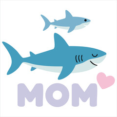 Naklejka premium Vector illustration of Happy Mother's day greeting card with cute sharks cartoon characters on white background