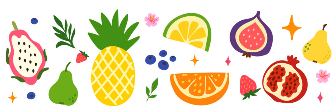 Cartoon Tropical Fruit Set. Pear, Pineapple, Orange, Lime, Fig, Dragon Fruit, Pomegranate. Vibrant Food Icon for Birthday Party Menu. Retro  Summer Beach Card Symbol. Kid T Shirt Happy Positive Print.