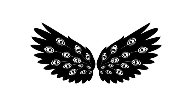 Stylized Black Wings with Eye Patterns on White Background.