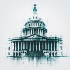 Digital sketch of the U.S. Capitol building featuring detailed columns and dome with glitch-style artistic effects.