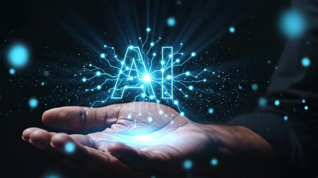 Artificial intelligence glowing in a person's open palm, symbolizing innovation and future technology