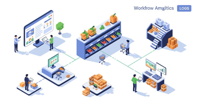 Isometric illustration depicting a modern retail workflow, showcasing inventory management, customer service, and digital integration in a business setting.