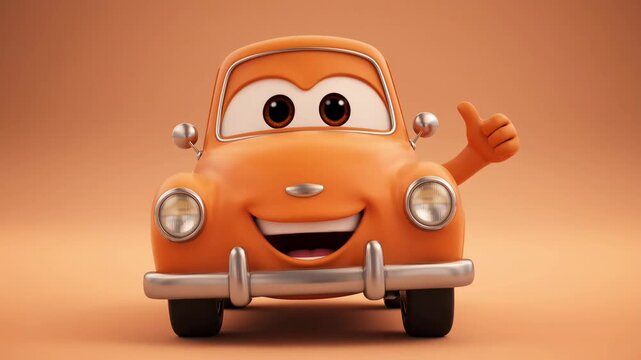 Cheerful orange cartoon car giving a thumbs up animation for childrens content with animated vehicle design