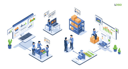 Obraz premium Isometric illustration depicting a modern business workflow, from product development and inventory management to sales and customer service.