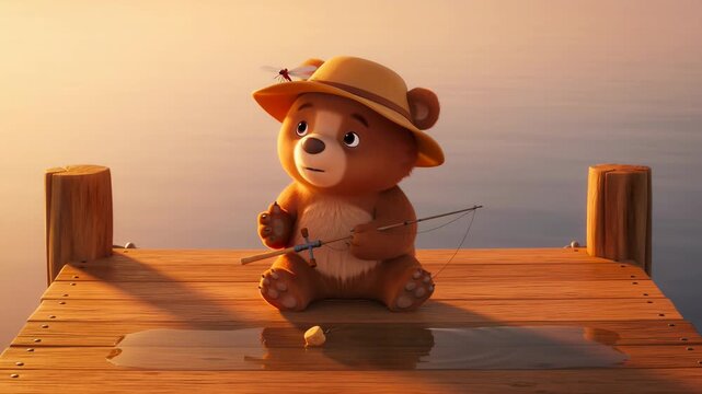 Cute animated bear sitting on dock fishing relaxing by a lake at sunrise with dragonfly