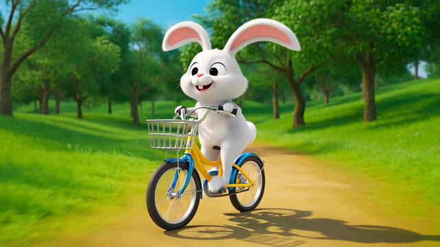 Cute animated rabbit rides a bicycle through a lush green park enjoying a sunny day cheerful cartoon character on scenic route