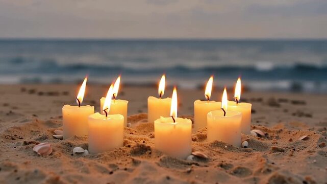Seven lit candles on a sandy beach at dusk with the ocean in the background, for relaxation or memorial use