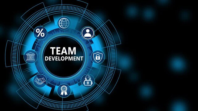 Corporate workforce dashboard featuring Team Development interface with secure performance monitoring and advanced digital management strategy technology 4K animation video