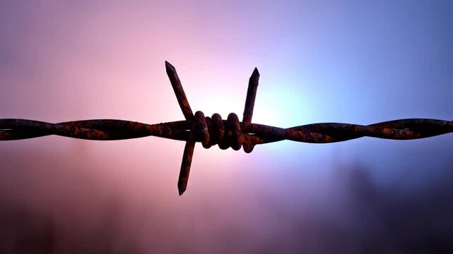 Close-up of old, rusty barbed wire against a pastel pink, blue, and purple sky and misty clouds, with a droplet
