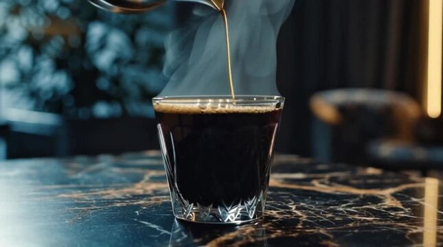 Aromatic hot coffee being poured into a crystal glass on a marble tabletop, creating a steamy beverage
