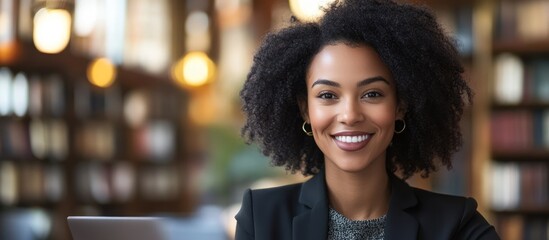 Smiling woman library bookshelves background. Professional portrait