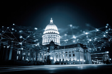 A glowing cityscape at night with interconnected digital network lines overlaying a classical capitol building, symbolizing technology and connectivity.