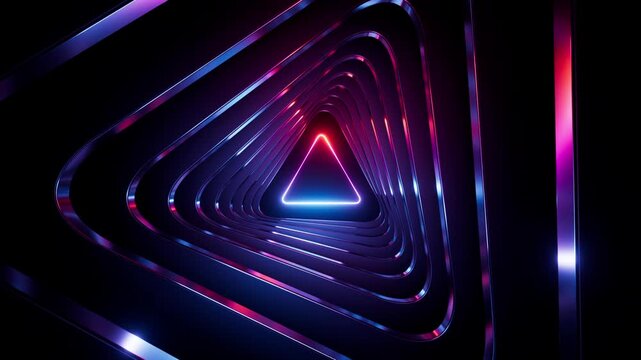 Seamless 3D animation of polished metallic frames dynamically twisting and forming a triangular tunnel. Perfect for sci-fi, tech backgrounds, motion graphics, and abstract digital environments.