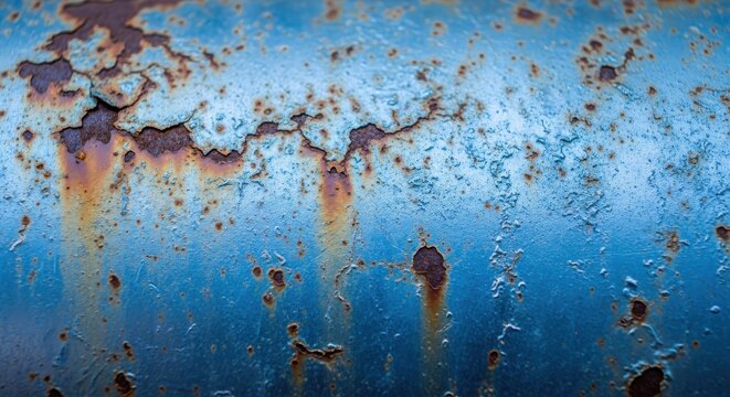 Abstract close-up of a weathered blue metal surface with heavy rust and peeling paint, forming a grunge texture.