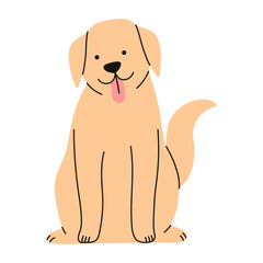 Happy golden puppy sitting with tongue out isolated. Playful young dog character for veterinary clinic promotion, pet care branding, and advertising design. Hand drawn vector illustration.