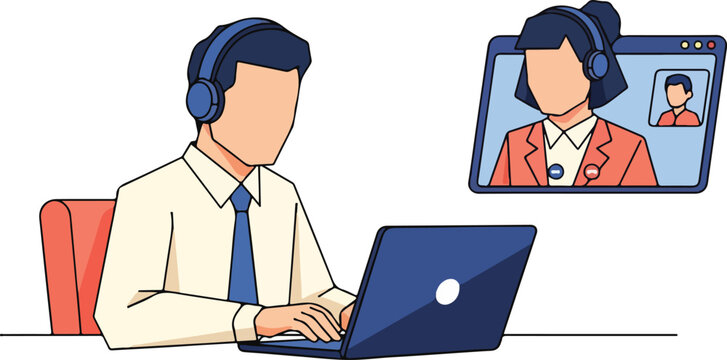 Man working remotely on laptop with headset in office, communicating with colleagues through video call on screen