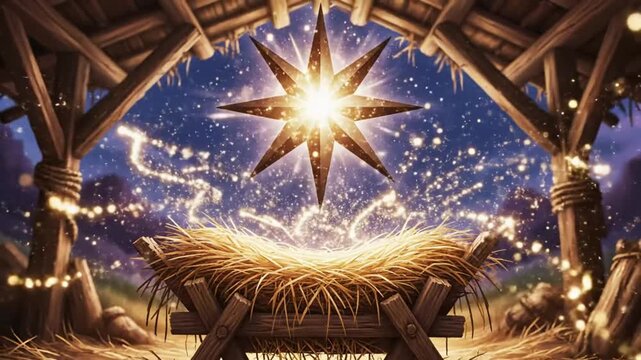 Glorious Nativity Scene: Bright Star Over Empty Manger, Illuminating the Holy Night with a Celestial Glow
