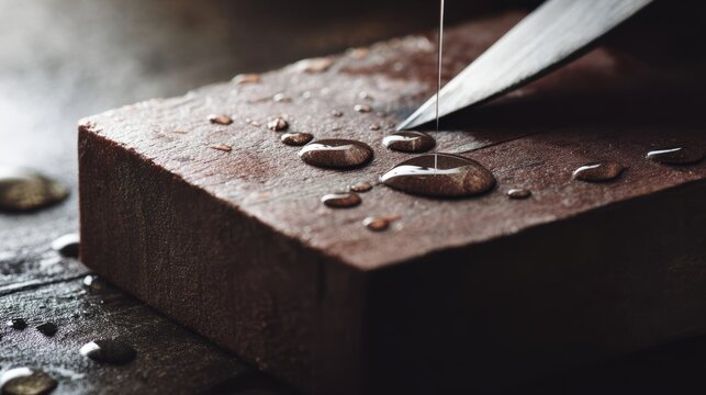 whetstone. An old sharpening stone with water droplets and a knife blade in a workshop. safety posters, maintenance manuals, designed for precision metalworking and fabrication facilities.
