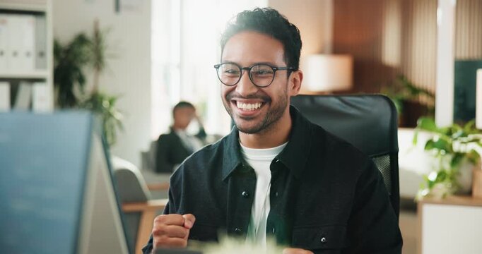 Fist pump, happy and businessman in office with celebration, good news or coding achievement. Excited, glasses and male programmer with success for web development project at startup tech agency.
