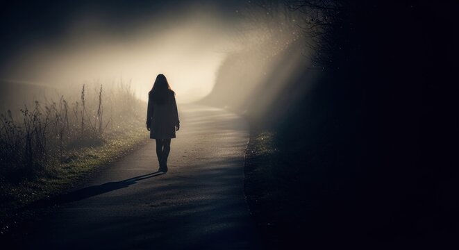 Silhouette of a person walking on a road through misty, shadowy woods