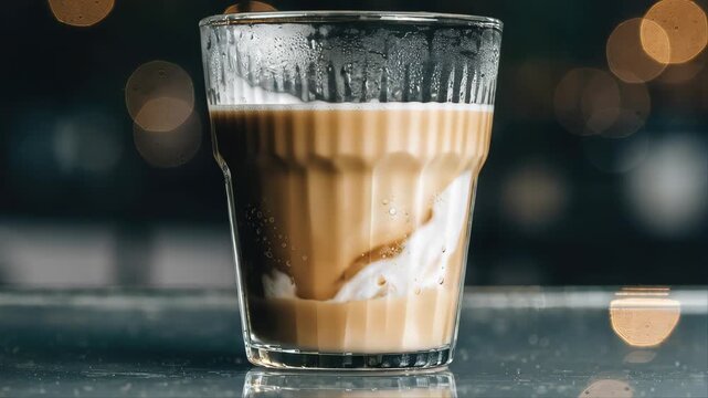 A glass of coffee with milk pouring into the glass