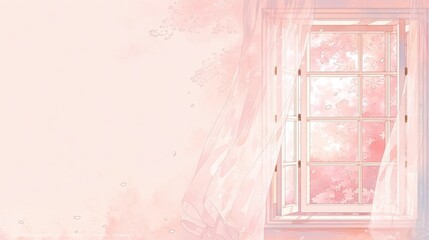 満開の桜が見える開いた窓から差し込む春の柔らかな日差し。