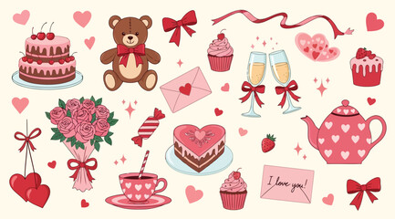 Naklejka premium Valentines day themed illustrations of cakes, teddy bear, flowers, and heart decorations on a beige background with red accents and bows