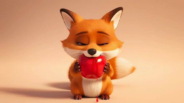 Cute cartoon fox holding a red apple with dripping juice on light background animation stock video