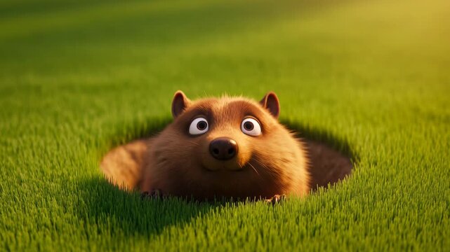 Cute cartoon groundhog peeking out from hole in green grass animated animal cgi character digital art