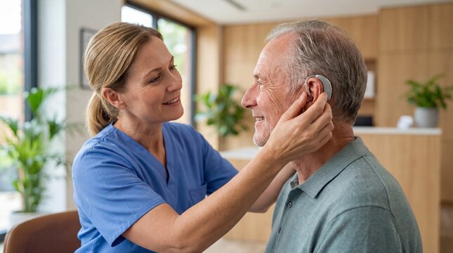 Woman audiologist fitting a hearing aid to an elderly man. Happy senior patient with assisted listening device. Healthcare for hearing loss.