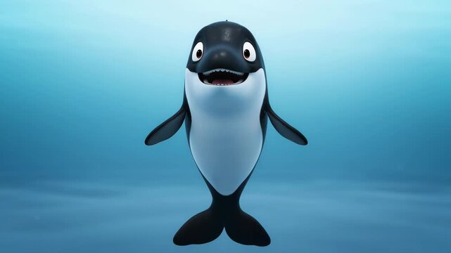 Cute cartoon orca underwater smiling character animated render deep blue ocean kids animation sea creature marine animal